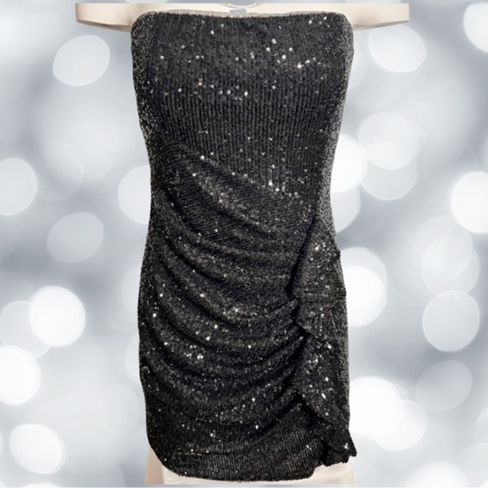 Parker Black Aurelua Sequin Side Ruffle Strapless Dress